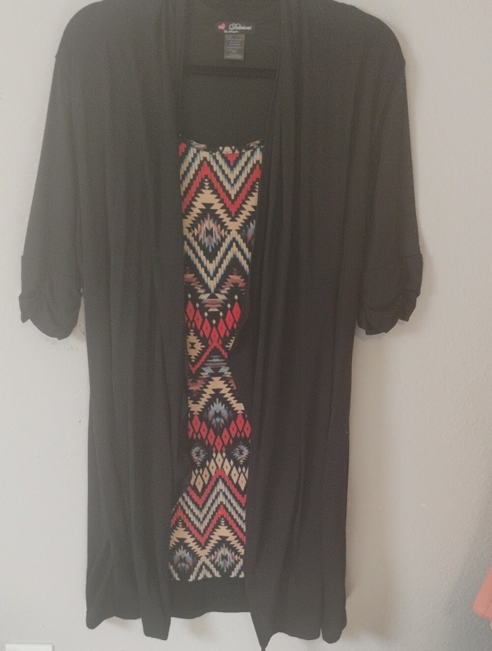 Black Cardigan with Aztec-Print Tank